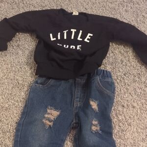 Little Dude Black Sweatshirt and Distressed Jeans Set